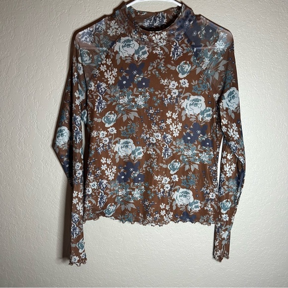 dealmore Tops - Floral Long Sleeve Blouse in Brown and Blue
